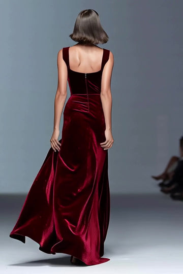 Velvet Burgundy Sheath Formal Dress with Slit